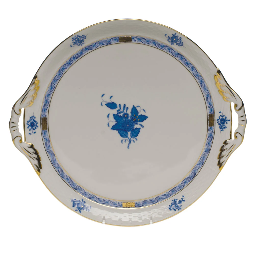 Chinese Bouquet Blue Round Tray W/handles  11.25"d