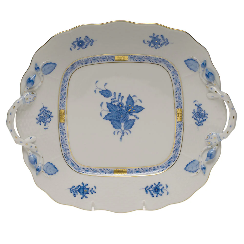 Chinese Bouquet Blue Square Cake Plate W/handles 9.5"sq
