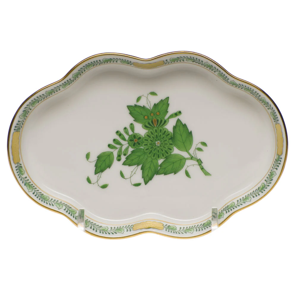 Chinese Bouquet Green Small Scalloped Tray 5.5"l - Green