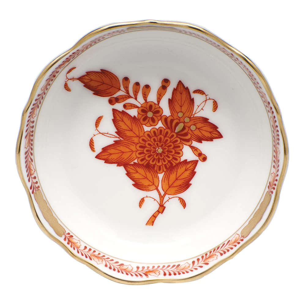 Chinese Bouquet Rust Mini Scalloped Dish 3.25"l X 0.75"h