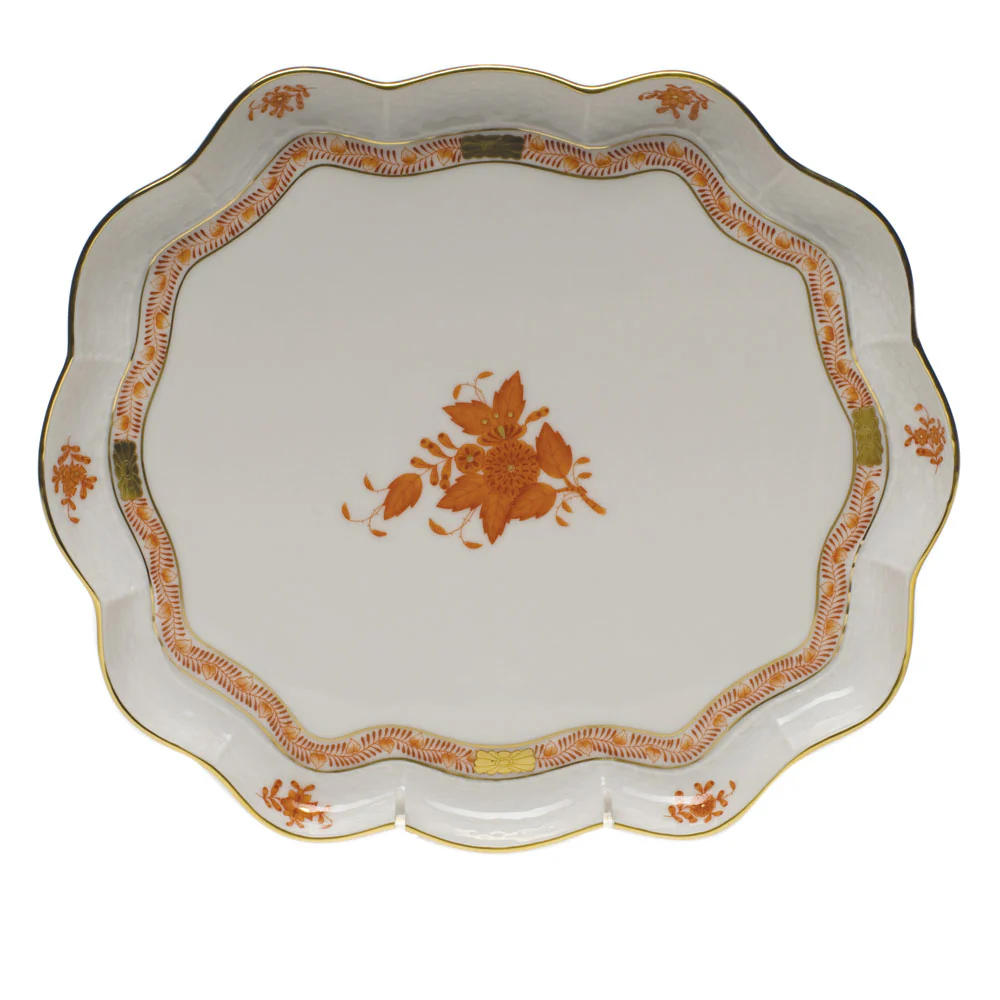 Chinese Bouquet Rust Scallop Tray  11.25"l X 9.5"w