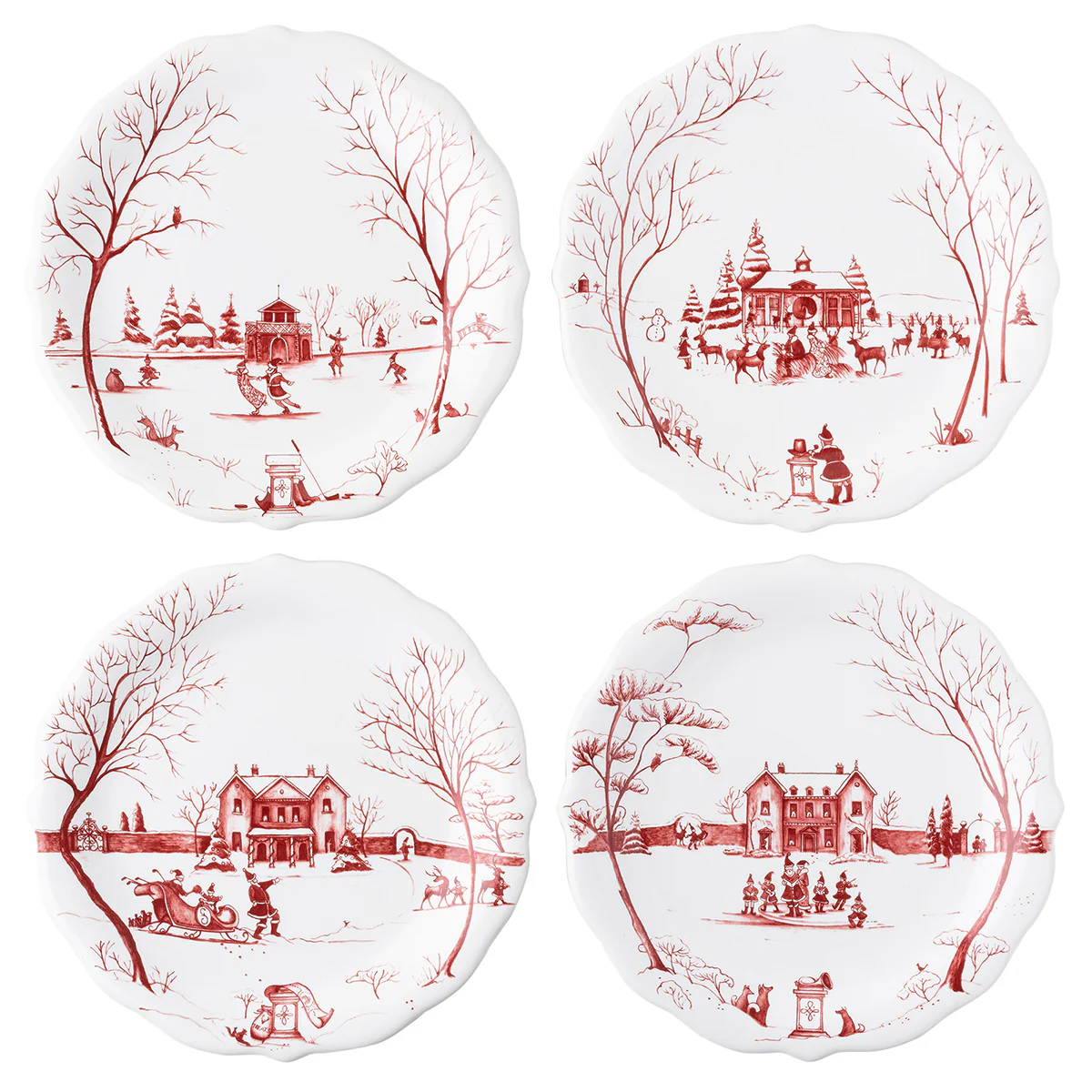 Country Estate Winter Frolic Ruby "Mr. & Mrs. Claus" Party Plates Set/4