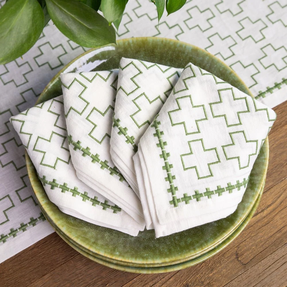 India Hicks Embroidered Grand Cross Soft Sage Napkins | Set of 4