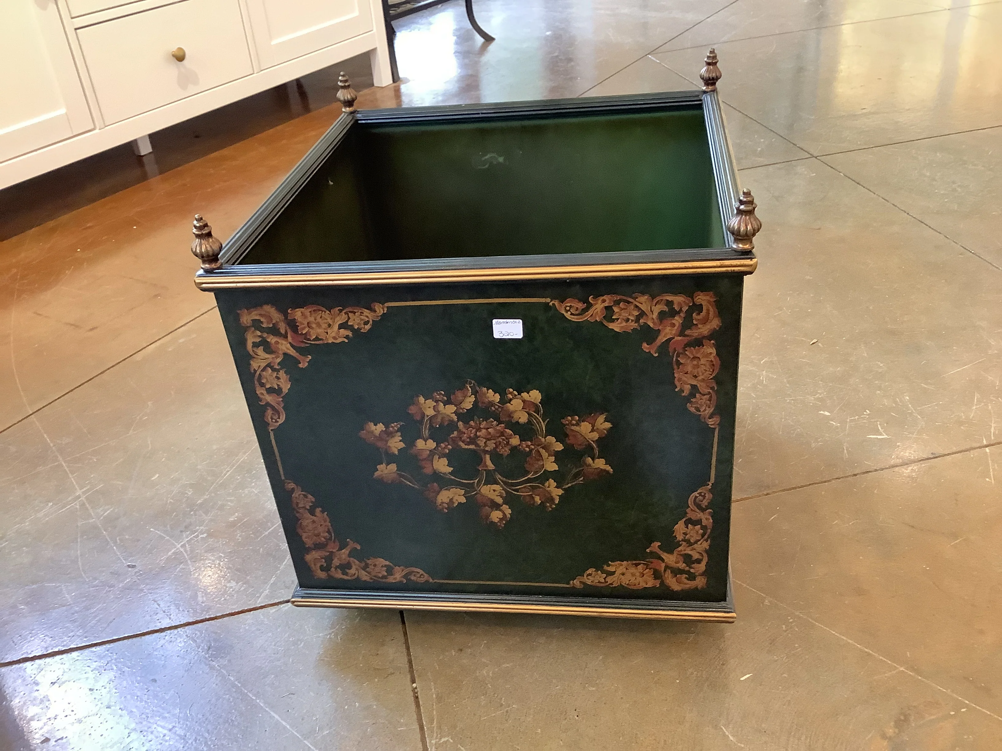 Jane Marsden green and gold tole painted metal rolling planter