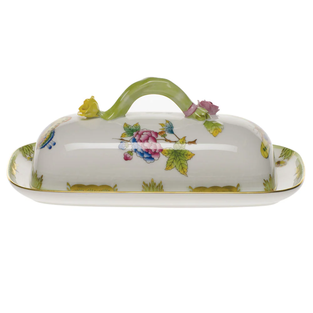 Queen Victoria Butter Dish W/branch 8.5"l - Green Border