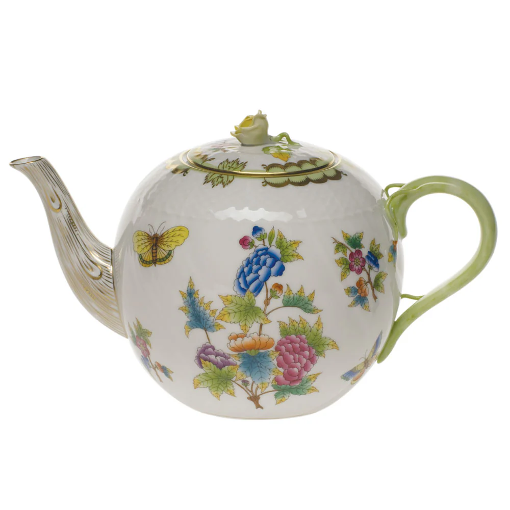 Queen Victoria Tea Pot W/rose  (60 Oz) 6.5"h - Green Border