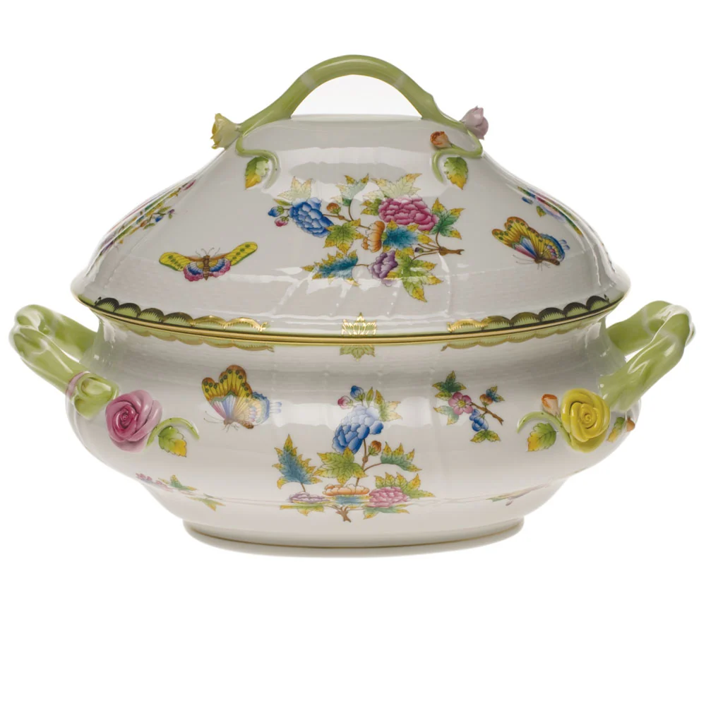 Queen Victoria Tureen W/branch  (4 Qt) 10"h - Green Border