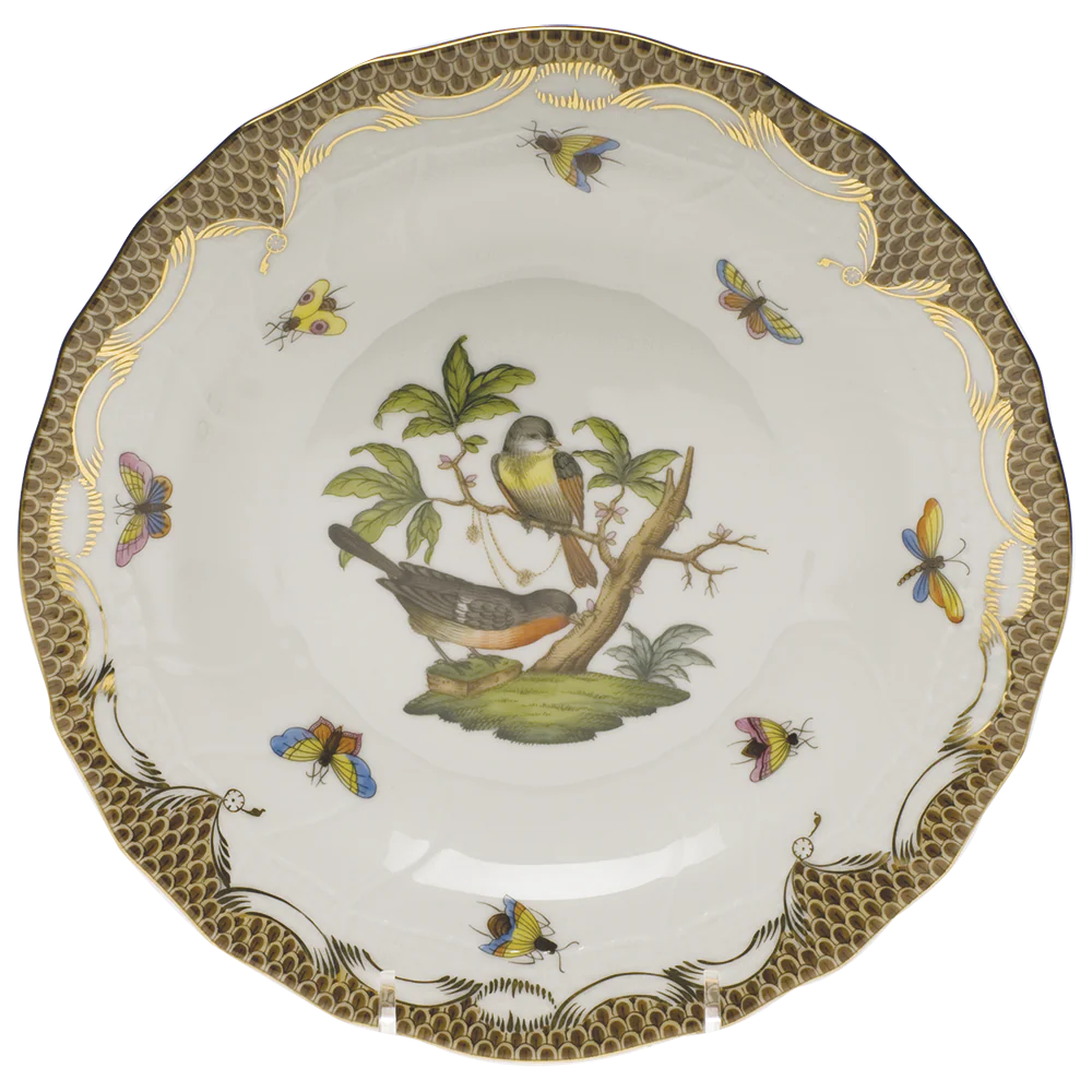 Rothschild Bird Choc Border Dessert Plate - Motif 02 8.25"d - Brown Border