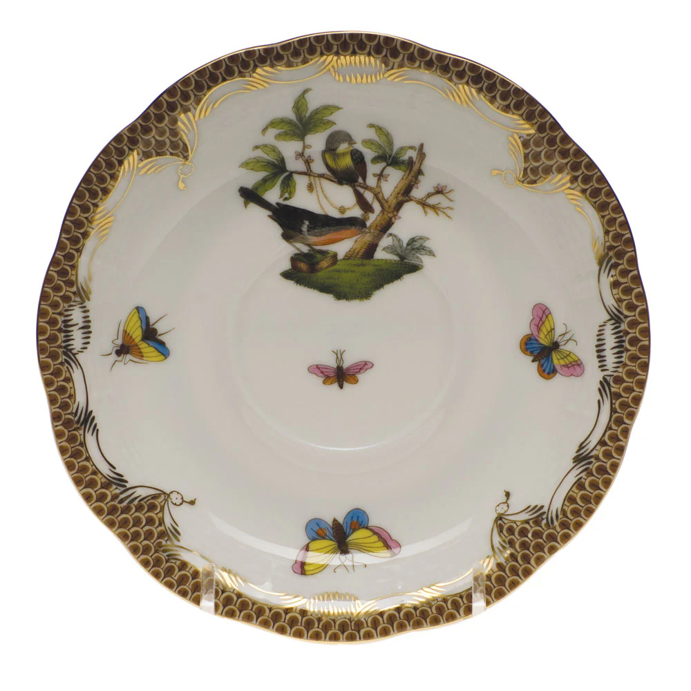 Rothschild Bird Choc Border Tea Saucer - Motif 02 6"d - Brown Border