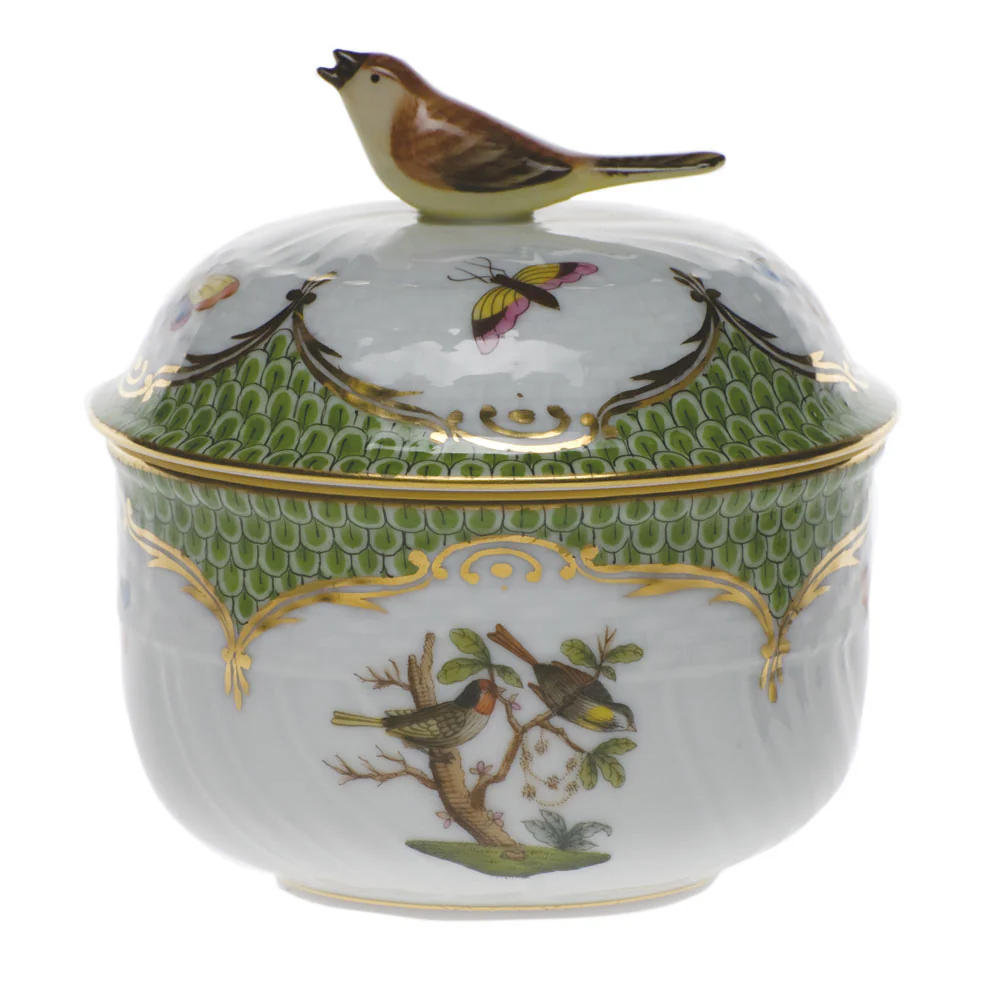 Rothschild Bird Green Bord Cov Sugar W/bird (6 Oz) 4"h - Green Border