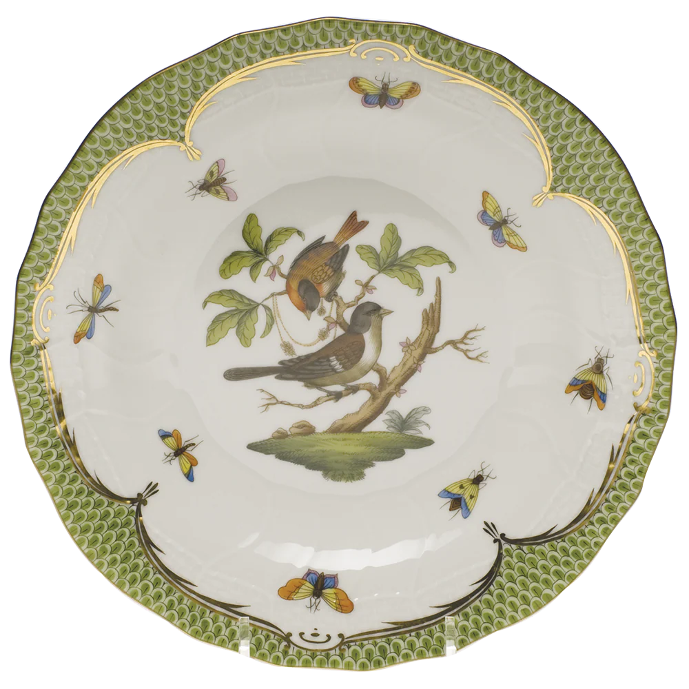 Rothschild Bird Green Bord Dessert Plate - Motif 04 8.25"d - Green Border