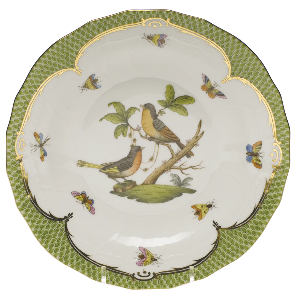 Rothschild Bird Green Bord Dessert Plate - Motif 08 8.25"d - Green Border