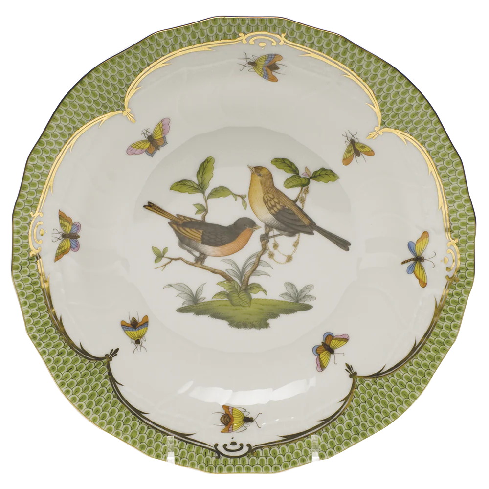Rothschild Bird Green Bord Dessert Plate - Motif 09 8.25"d - Green Border