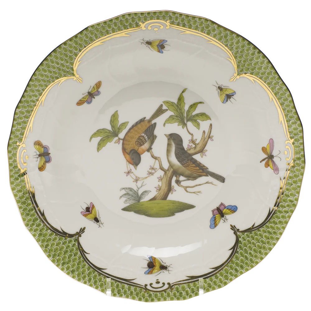 Rothschild Bird Green Bord Dessert Plate - Motif 12 8.25"d - Green Border