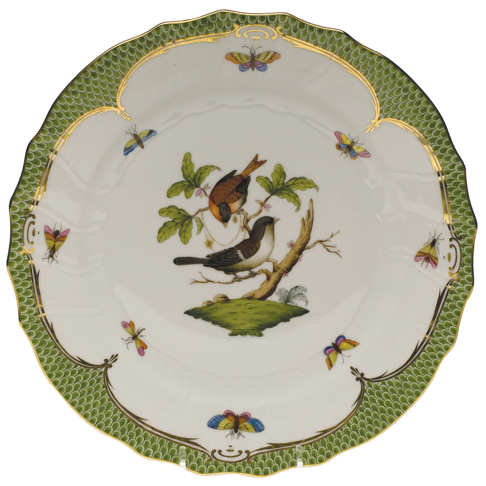 Rothschild Bird Green Bord Dinner Plate - Motif 04 10.5"d - Green Border