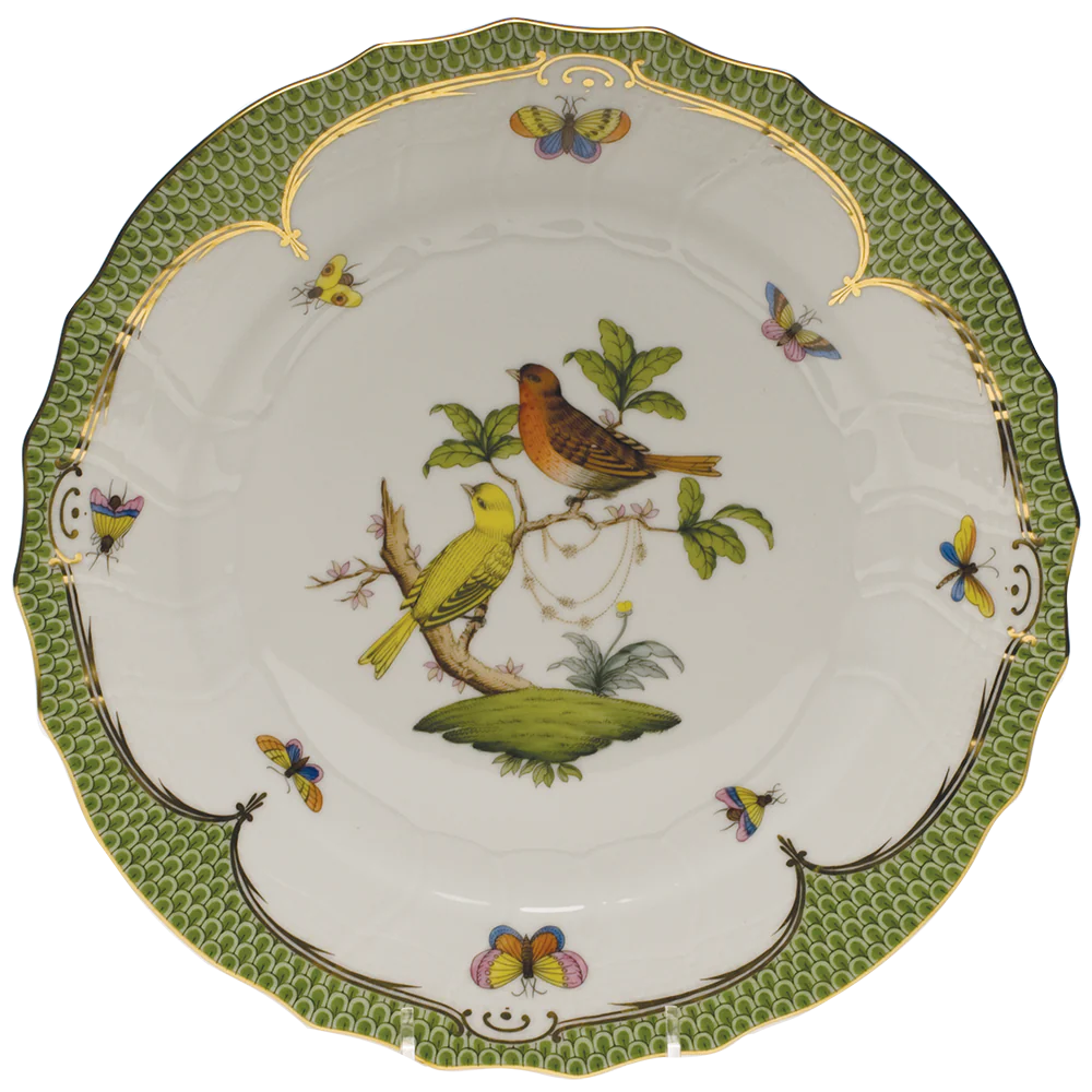 Rothschild Bird Green Bord Dinner Plate - Motif 06 10.5"d - Green Border