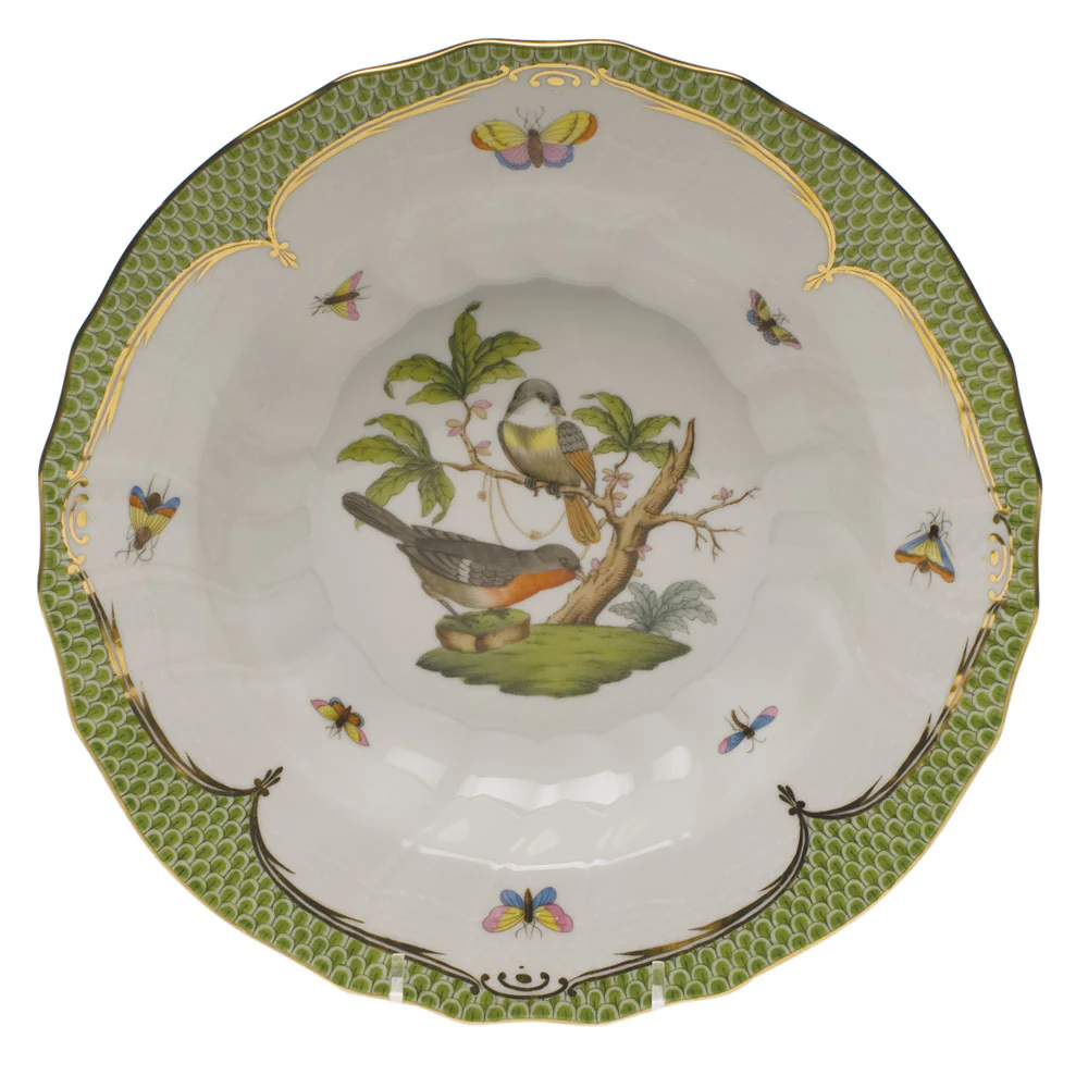 Rothschild Bird Green Bord Rim Soup - Motif 02 9.5"d - Green Border