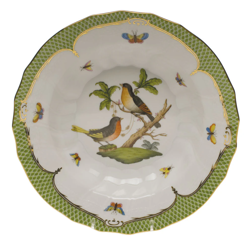 Rothschild Bird Green Bord Rim Soup - Motif 08 9.5"d - Green Border