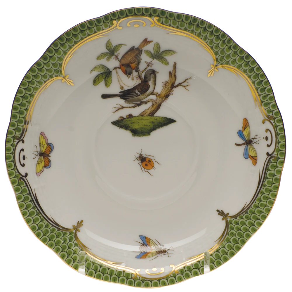 Rothschild Bird Green Bord Tea Saucer - Motif 04 6"d - Green Border