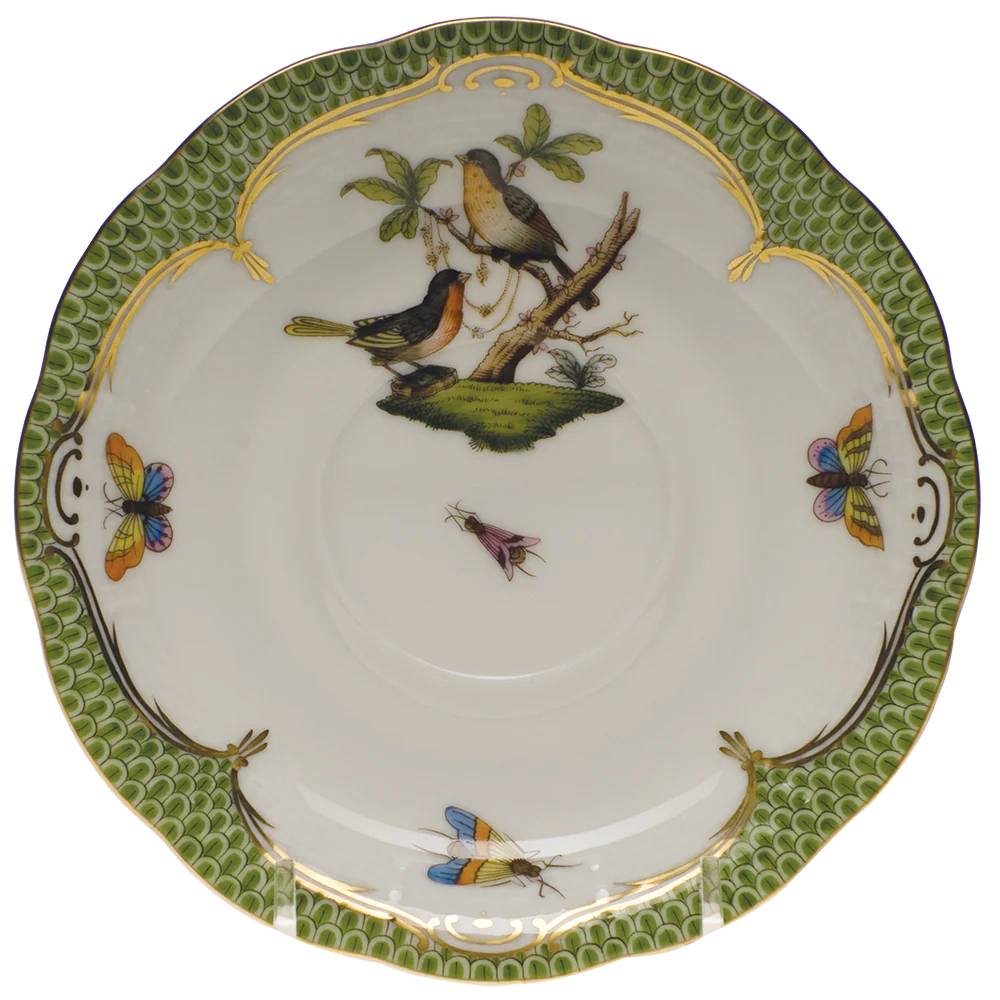 Rothschild Bird Green Bord Tea Saucer - Motif 08 6"d - Green Border