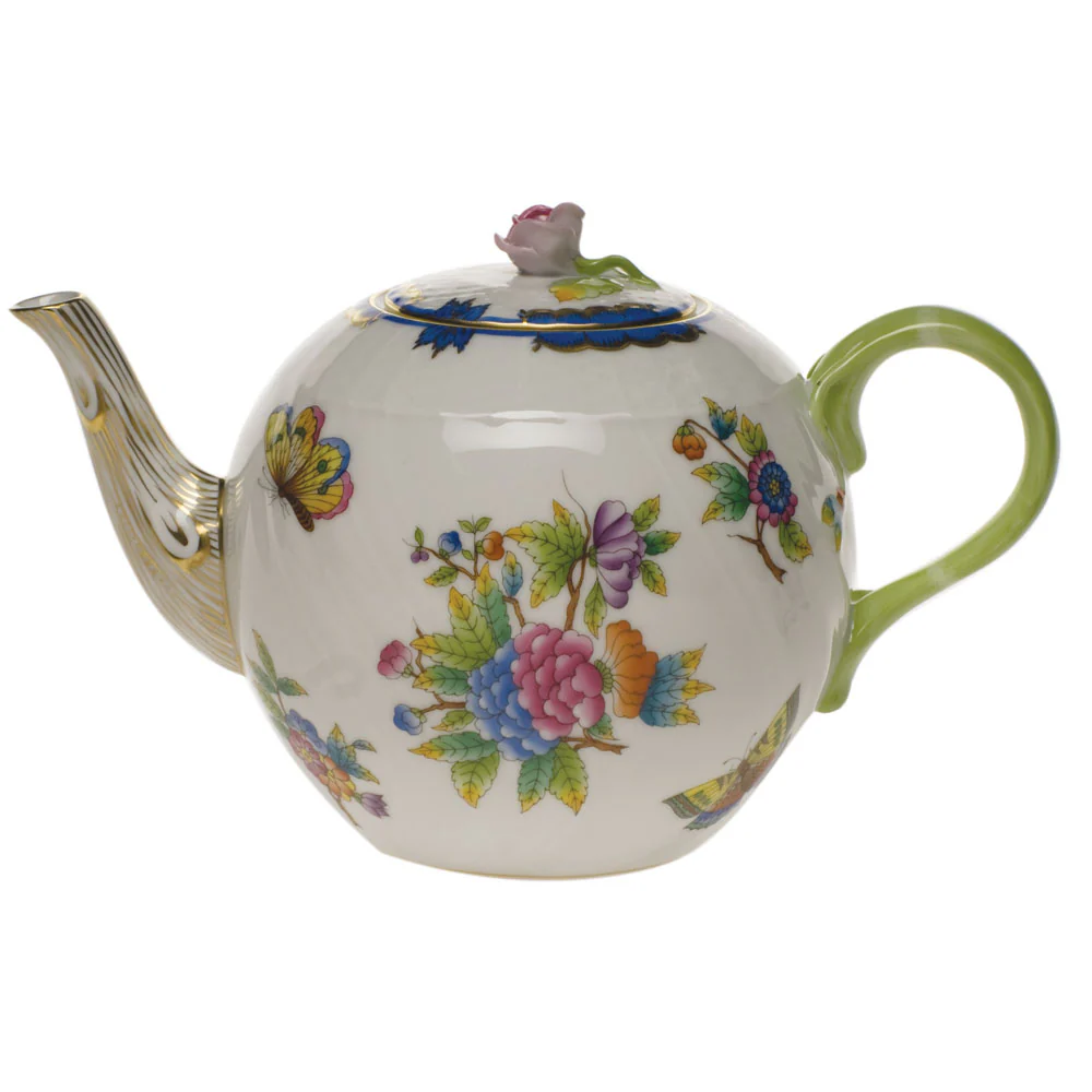 Queen Victoria Blue Border Tea Pot W/rose (36 Oz) 5.5"h - Blue Border