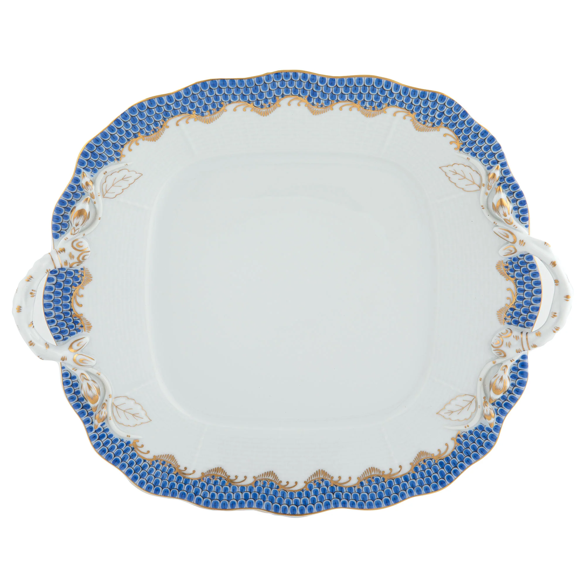Fish Scale Blue Border Square Cake Plate W/handles 9.5"sq